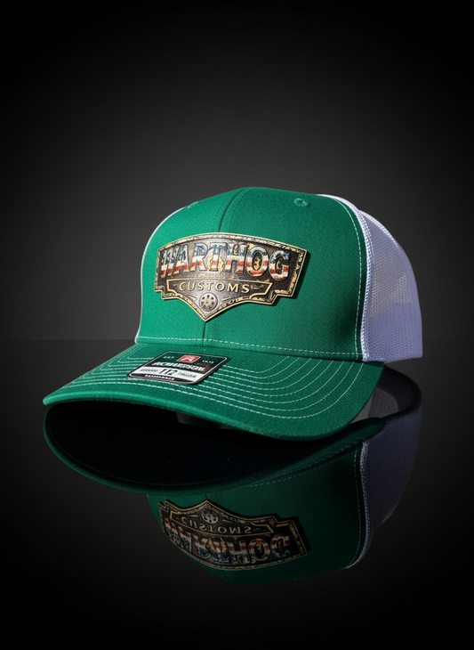 Warthog Customs Green/White Hat – Warm Gold Badge | Richardson 112 Trucker