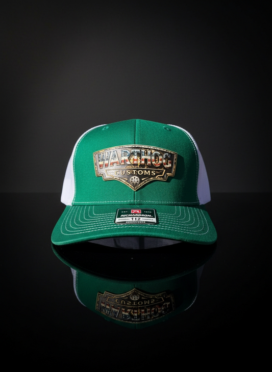 Warthog Customs Green/White Hat – Warm Gold Badge | Richardson 112 Trucker