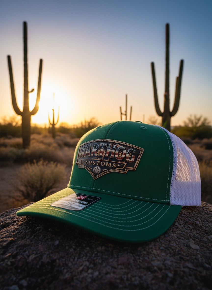 Warthog Customs Green/White Hat – Warm Gold Badge | Richardson 112 Trucker