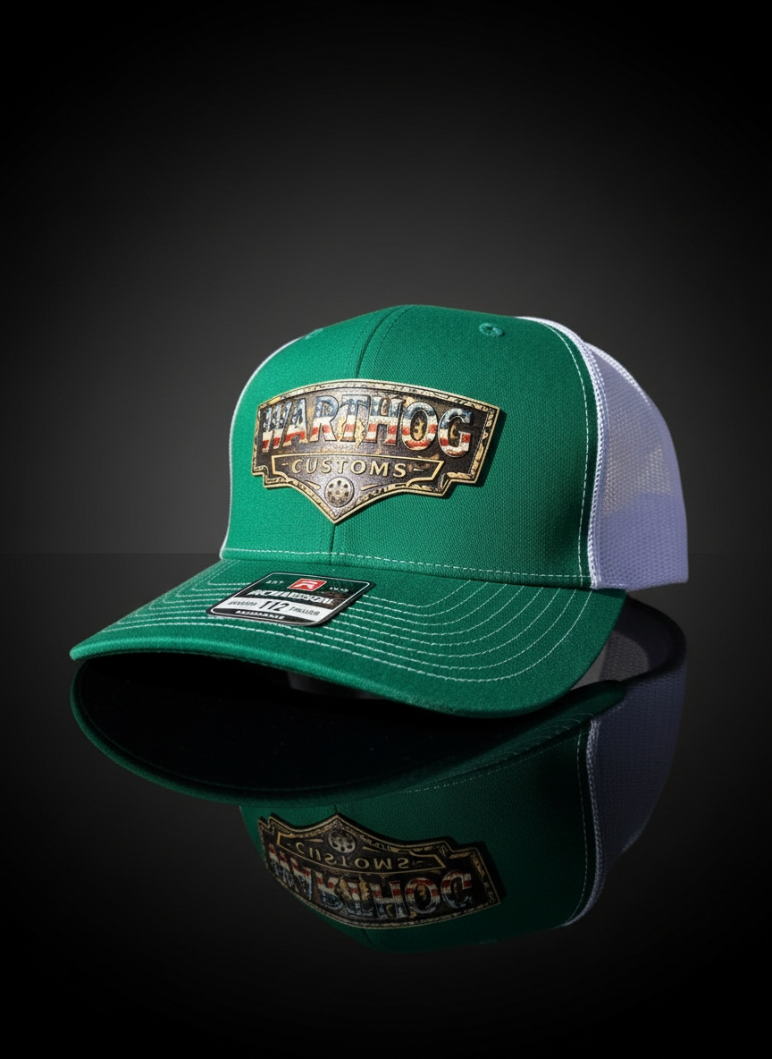 Warthog Customs Green/White Hat – Warm Gold Badge | Richardson 112 Trucker
