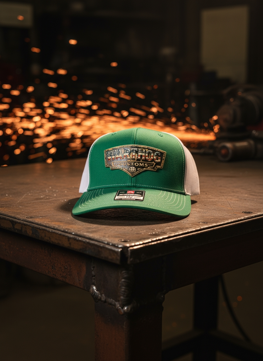 Warthog Customs Green/White Hat – Warm Gold Badge | Richardson 112 Trucker